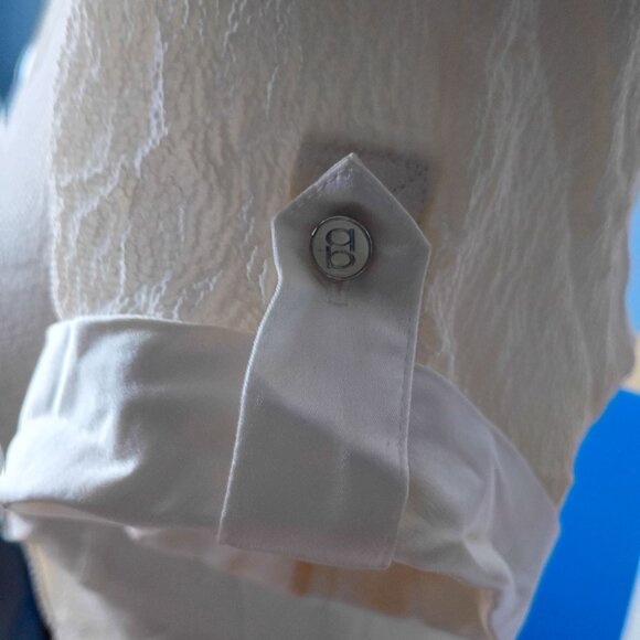 Women's BEBE Sheer Blouse with Satin Trim – Zip Front, Short Sleeve - Picture 4 of 5